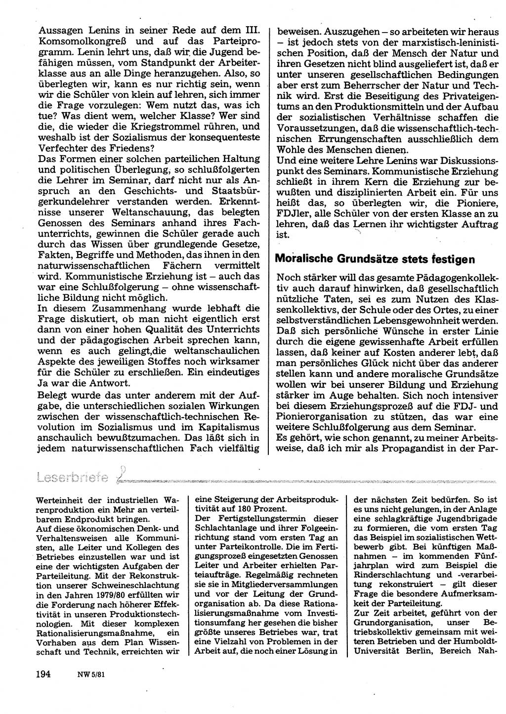 Neuer Weg (NW), Organ des Zentralkomitees (ZK) der SED (Sozialistische Einheitspartei Deutschlands) für Fragen des Parteilebens, 36. Jahrgang [Deutsche Demokratische Republik (DDR)] 1981, Seite 194 (NW ZK SED DDR 1981, S. 194)