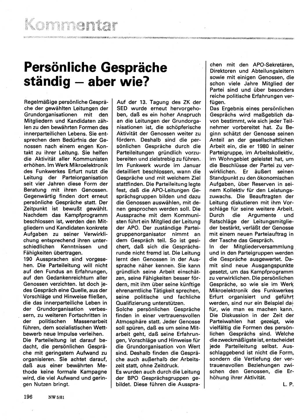 Neuer Weg (NW), Organ des Zentralkomitees (ZK) der SED (Sozialistische Einheitspartei Deutschlands) für Fragen des Parteilebens, 36. Jahrgang [Deutsche Demokratische Republik (DDR)] 1981, Seite 196 (NW ZK SED DDR 1981, S. 196)