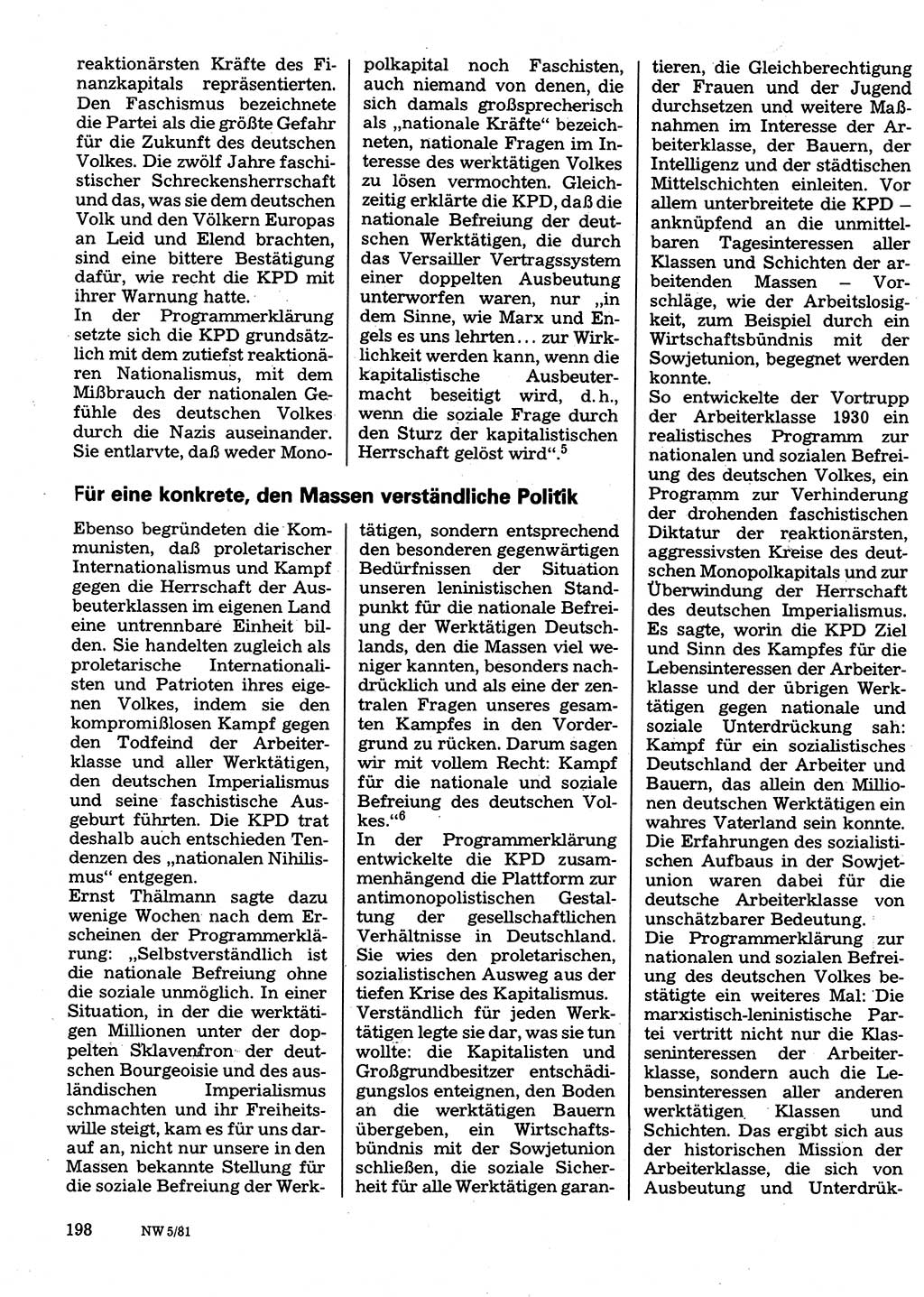 Neuer Weg (NW), Organ des Zentralkomitees (ZK) der SED (Sozialistische Einheitspartei Deutschlands) für Fragen des Parteilebens, 36. Jahrgang [Deutsche Demokratische Republik (DDR)] 1981, Seite 198 (NW ZK SED DDR 1981, S. 198)