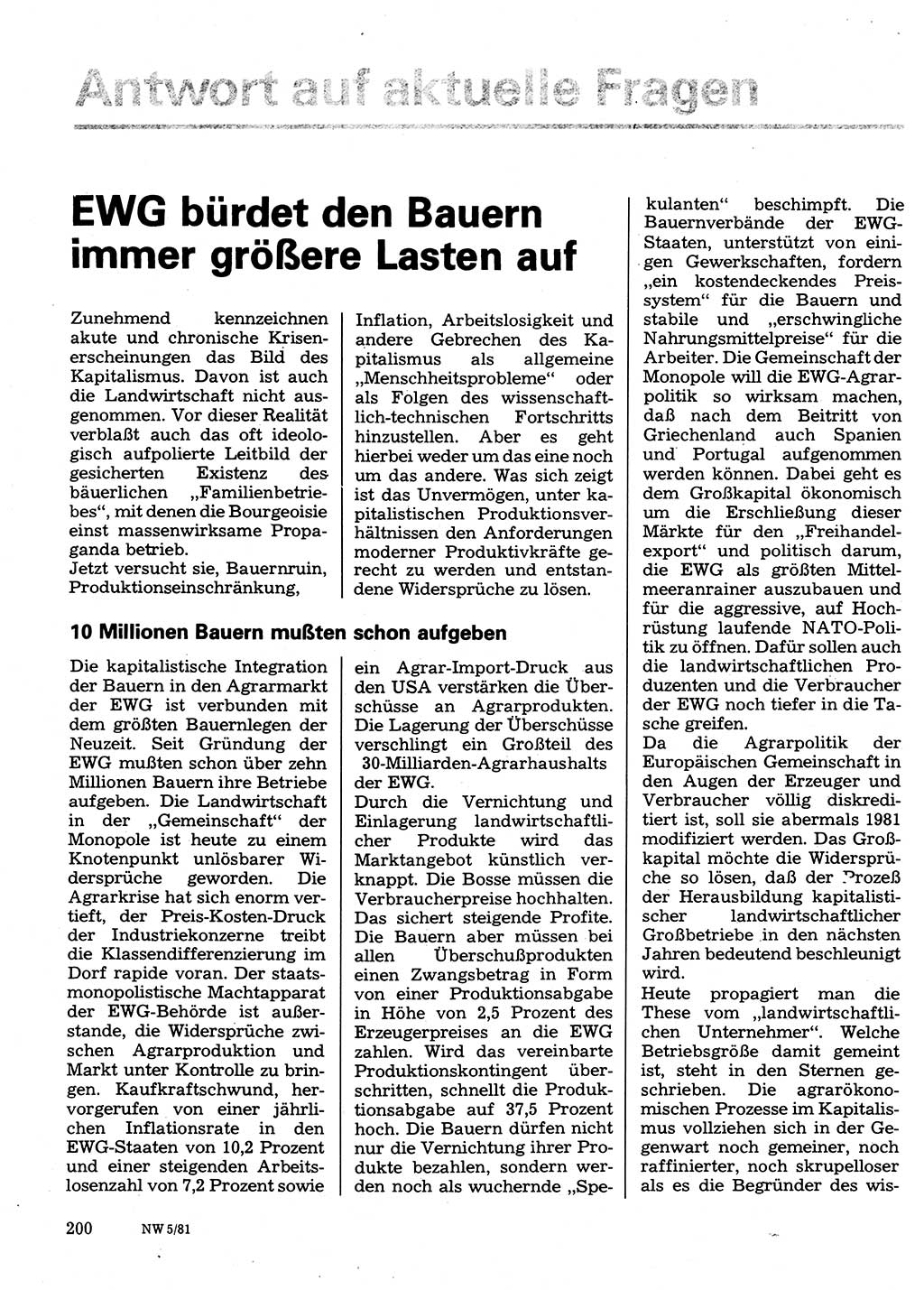 Neuer Weg (NW), Organ des Zentralkomitees (ZK) der SED (Sozialistische Einheitspartei Deutschlands) für Fragen des Parteilebens, 36. Jahrgang [Deutsche Demokratische Republik (DDR)] 1981, Seite 200 (NW ZK SED DDR 1981, S. 200)