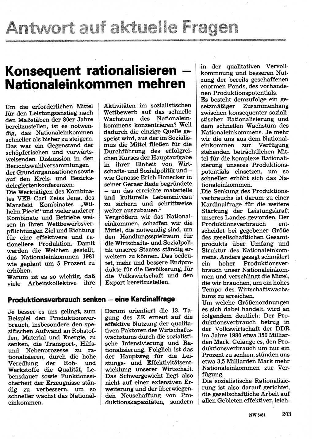Neuer Weg (NW), Organ des Zentralkomitees (ZK) der SED (Sozialistische Einheitspartei Deutschlands) für Fragen des Parteilebens, 36. Jahrgang [Deutsche Demokratische Republik (DDR)] 1981, Seite 203 (NW ZK SED DDR 1981, S. 203)