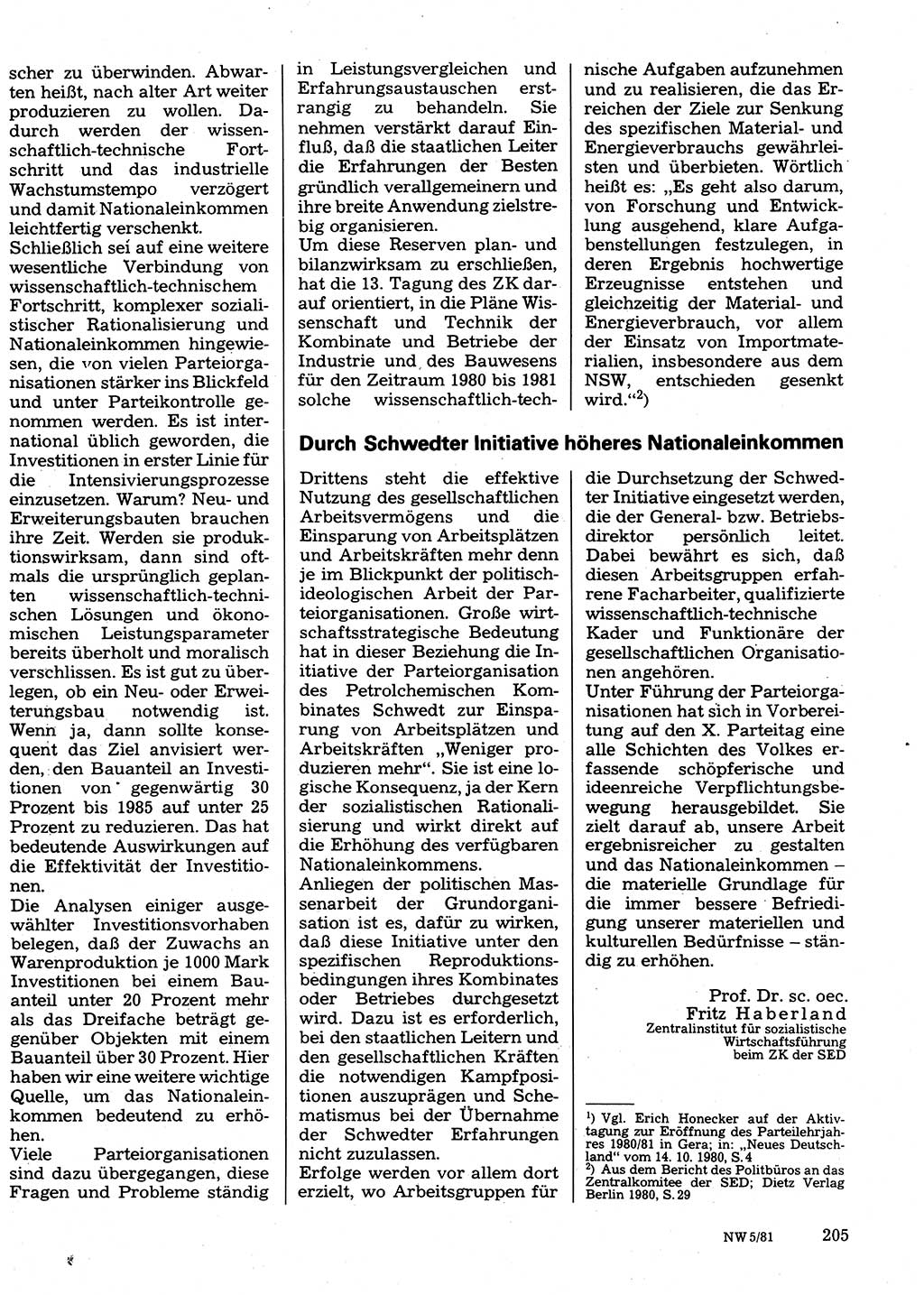 Neuer Weg (NW), Organ des Zentralkomitees (ZK) der SED (Sozialistische Einheitspartei Deutschlands) für Fragen des Parteilebens, 36. Jahrgang [Deutsche Demokratische Republik (DDR)] 1981, Seite 205 (NW ZK SED DDR 1981, S. 205)