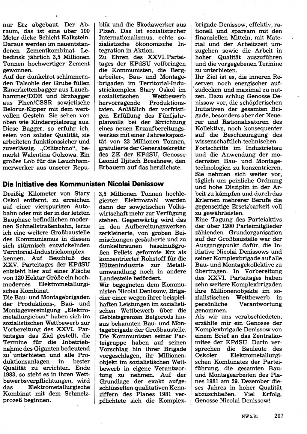 Neuer Weg (NW), Organ des Zentralkomitees (ZK) der SED (Sozialistische Einheitspartei Deutschlands) für Fragen des Parteilebens, 36. Jahrgang [Deutsche Demokratische Republik (DDR)] 1981, Seite 207 (NW ZK SED DDR 1981, S. 207)