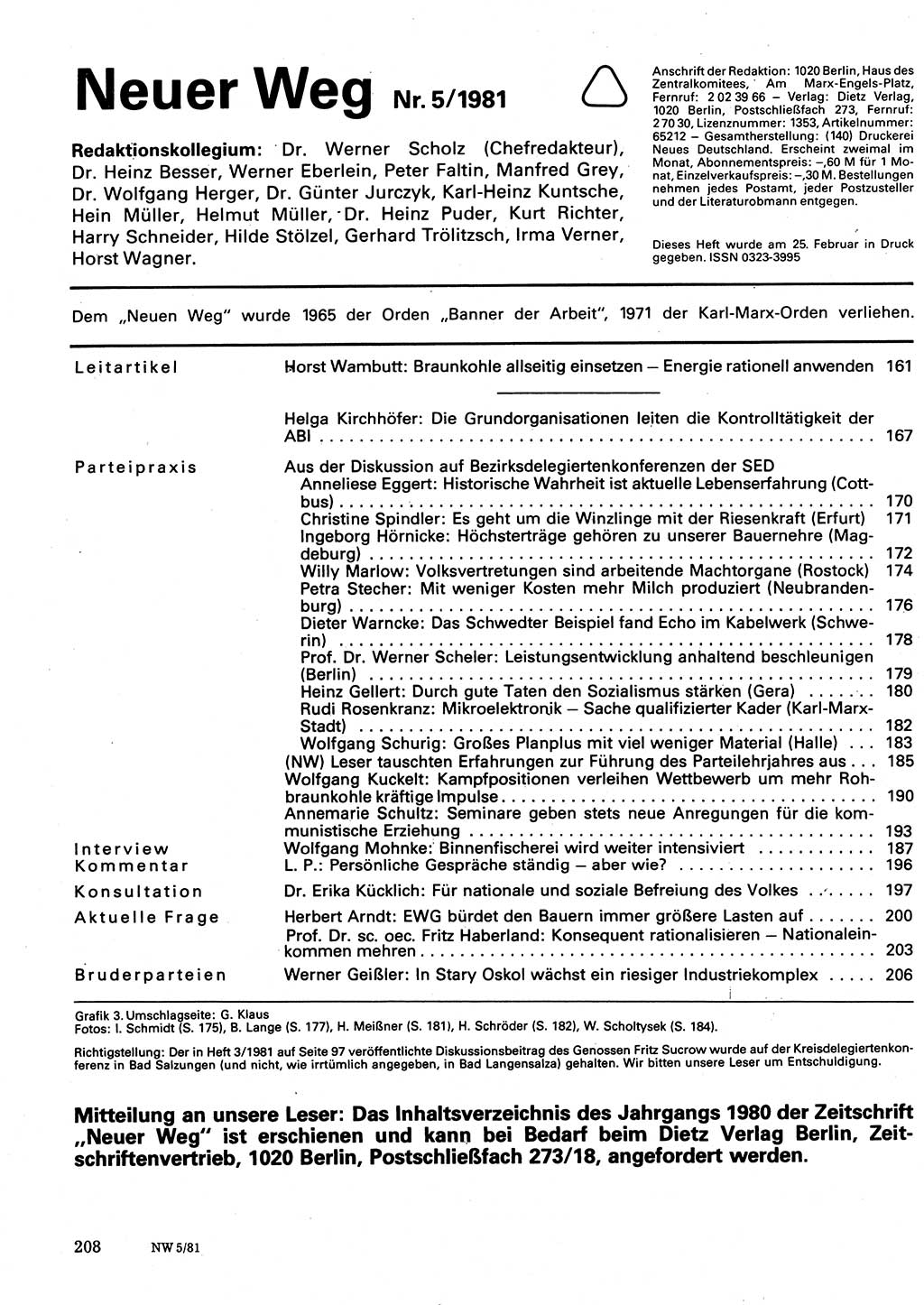 Neuer Weg (NW), Organ des Zentralkomitees (ZK) der SED (Sozialistische Einheitspartei Deutschlands) für Fragen des Parteilebens, 36. Jahrgang [Deutsche Demokratische Republik (DDR)] 1981, Seite 208 (NW ZK SED DDR 1981, S. 208)