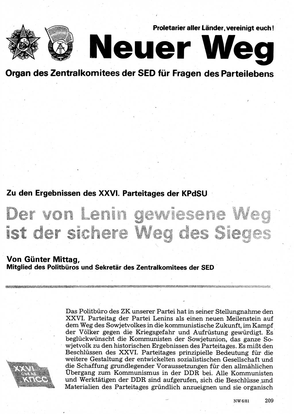 Neuer Weg (NW), Organ des Zentralkomitees (ZK) der SED (Sozialistische Einheitspartei Deutschlands) für Fragen des Parteilebens, 36. Jahrgang [Deutsche Demokratische Republik (DDR)] 1981, Seite 209 (NW ZK SED DDR 1981, S. 209)