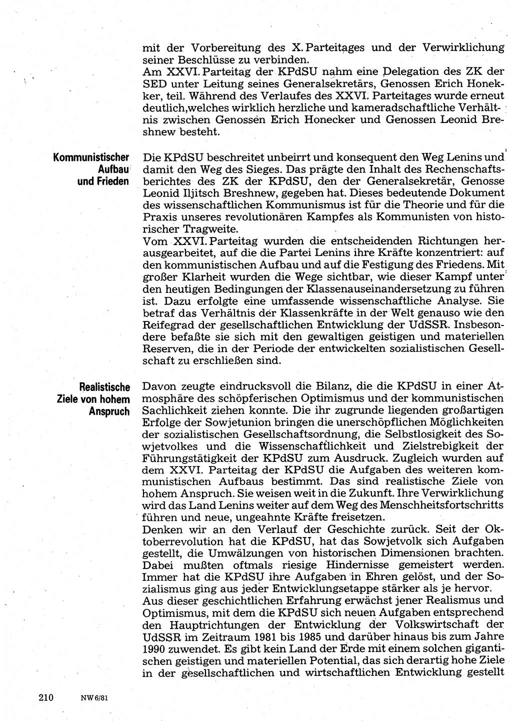 Neuer Weg (NW), Organ des Zentralkomitees (ZK) der SED (Sozialistische Einheitspartei Deutschlands) für Fragen des Parteilebens, 36. Jahrgang [Deutsche Demokratische Republik (DDR)] 1981, Seite 210 (NW ZK SED DDR 1981, S. 210)