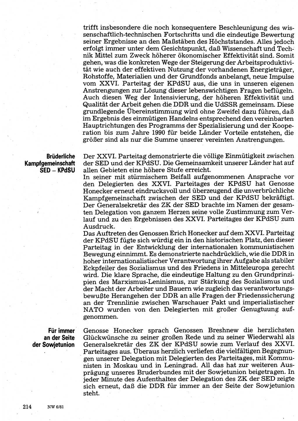 Neuer Weg (NW), Organ des Zentralkomitees (ZK) der SED (Sozialistische Einheitspartei Deutschlands) für Fragen des Parteilebens, 36. Jahrgang [Deutsche Demokratische Republik (DDR)] 1981, Seite 214 (NW ZK SED DDR 1981, S. 214)