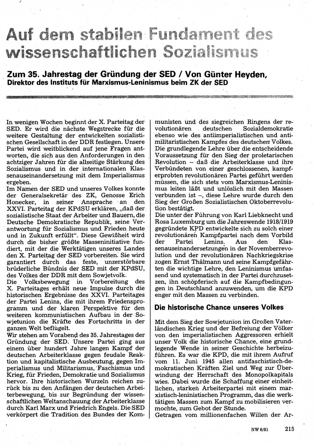 Neuer Weg (NW), Organ des Zentralkomitees (ZK) der SED (Sozialistische Einheitspartei Deutschlands) für Fragen des Parteilebens, 36. Jahrgang [Deutsche Demokratische Republik (DDR)] 1981, Seite 215 (NW ZK SED DDR 1981, S. 215)