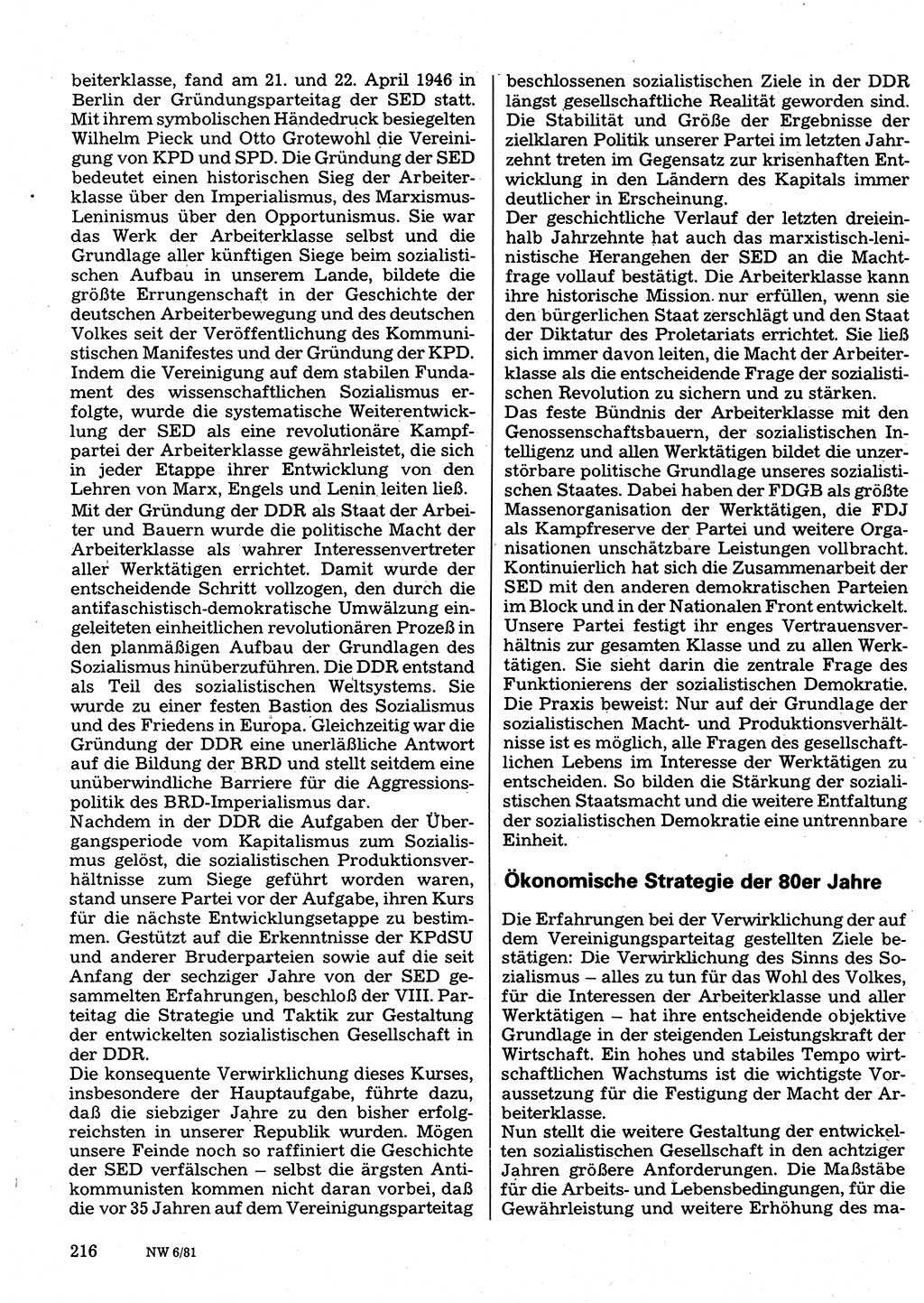 Neuer Weg (NW), Organ des Zentralkomitees (ZK) der SED (Sozialistische Einheitspartei Deutschlands) für Fragen des Parteilebens, 36. Jahrgang [Deutsche Demokratische Republik (DDR)] 1981, Seite 216 (NW ZK SED DDR 1981, S. 216)