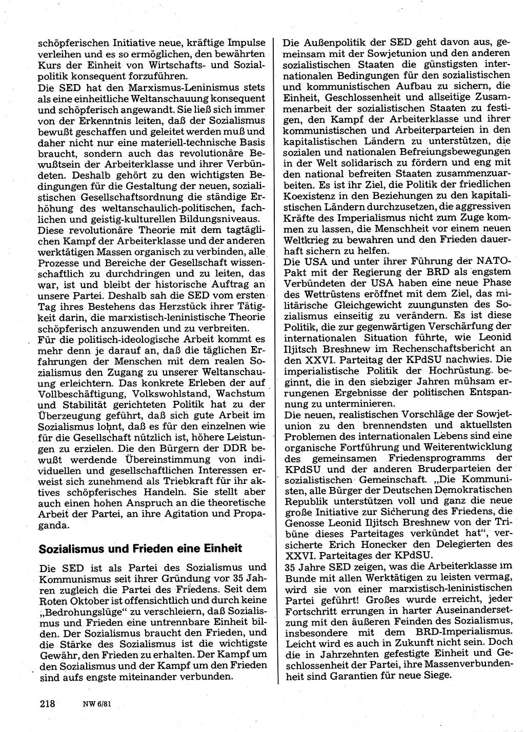 Neuer Weg (NW), Organ des Zentralkomitees (ZK) der SED (Sozialistische Einheitspartei Deutschlands) für Fragen des Parteilebens, 36. Jahrgang [Deutsche Demokratische Republik (DDR)] 1981, Seite 218 (NW ZK SED DDR 1981, S. 218)