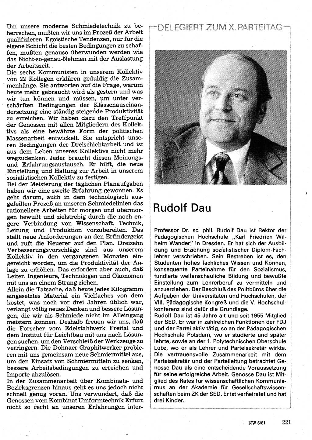 Neuer Weg (NW), Organ des Zentralkomitees (ZK) der SED (Sozialistische Einheitspartei Deutschlands) für Fragen des Parteilebens, 36. Jahrgang [Deutsche Demokratische Republik (DDR)] 1981, Seite 221 (NW ZK SED DDR 1981, S. 221)