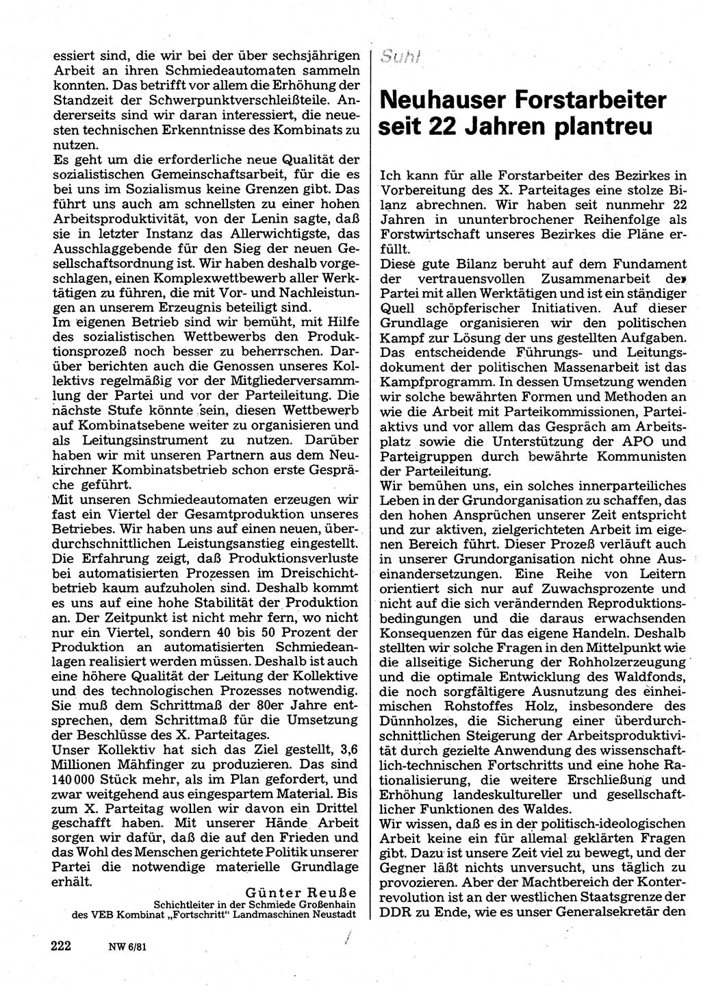 Neuer Weg (NW), Organ des Zentralkomitees (ZK) der SED (Sozialistische Einheitspartei Deutschlands) für Fragen des Parteilebens, 36. Jahrgang [Deutsche Demokratische Republik (DDR)] 1981, Seite 222 (NW ZK SED DDR 1981, S. 222)