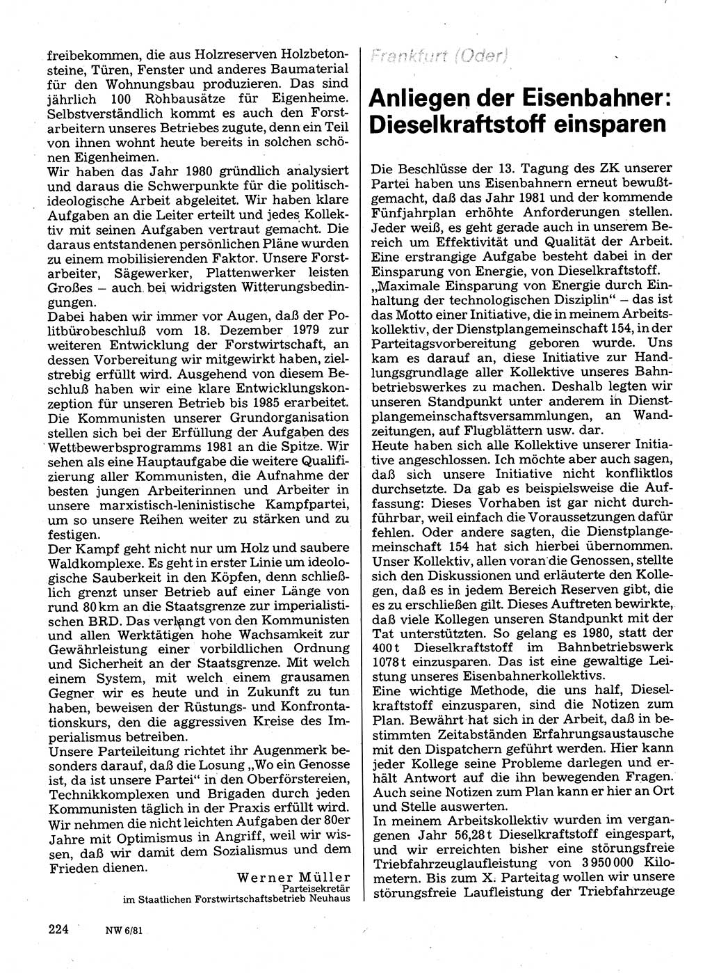 Neuer Weg (NW), Organ des Zentralkomitees (ZK) der SED (Sozialistische Einheitspartei Deutschlands) für Fragen des Parteilebens, 36. Jahrgang [Deutsche Demokratische Republik (DDR)] 1981, Seite 224 (NW ZK SED DDR 1981, S. 224)