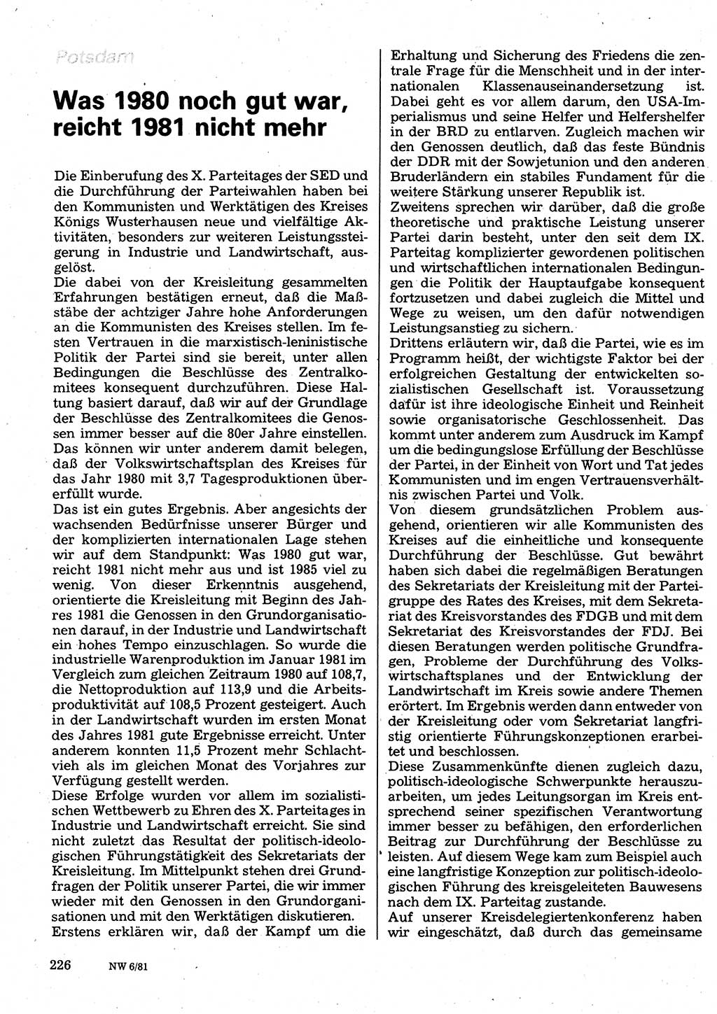 Neuer Weg (NW), Organ des Zentralkomitees (ZK) der SED (Sozialistische Einheitspartei Deutschlands) für Fragen des Parteilebens, 36. Jahrgang [Deutsche Demokratische Republik (DDR)] 1981, Seite 226 (NW ZK SED DDR 1981, S. 226)