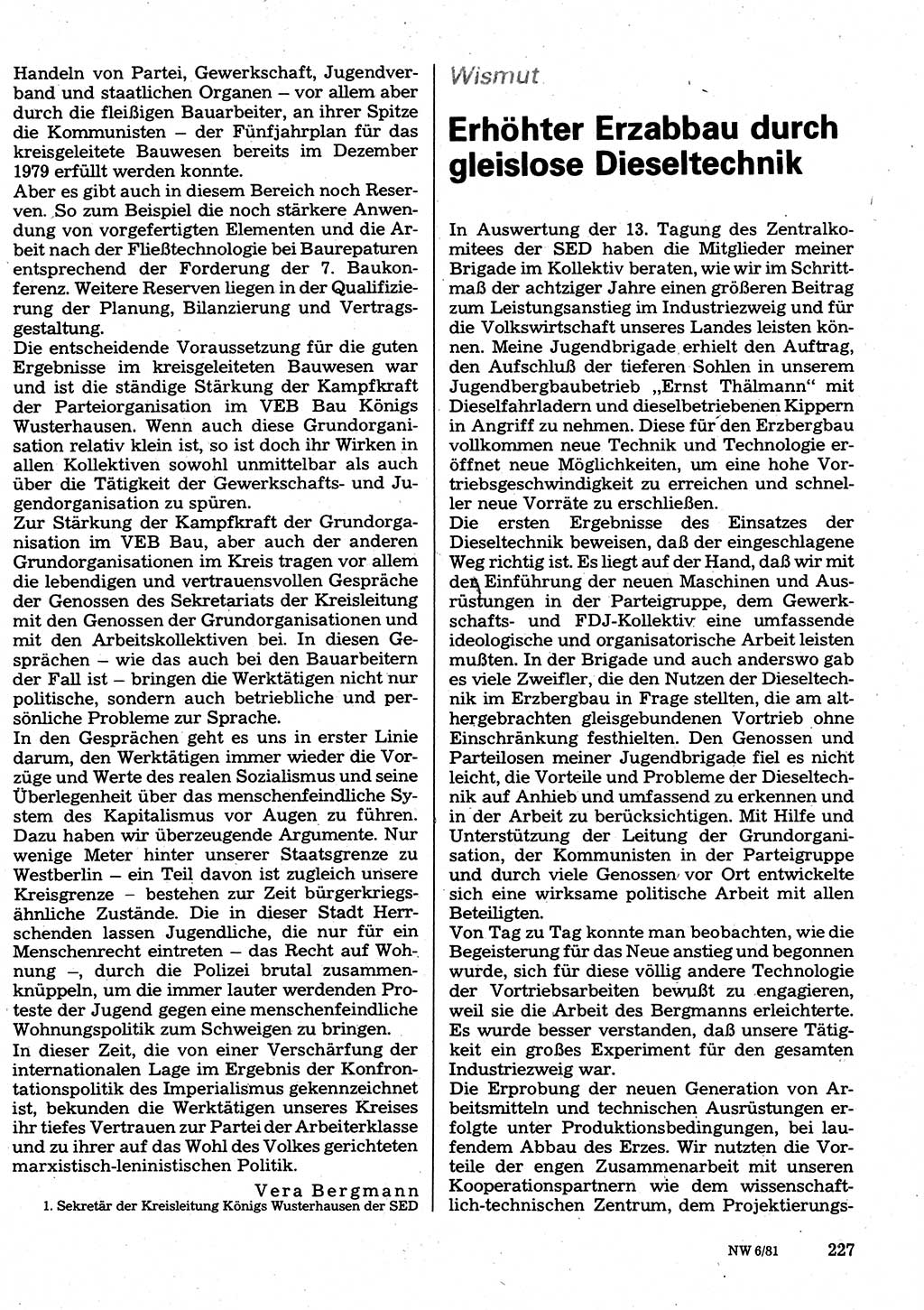 Neuer Weg (NW), Organ des Zentralkomitees (ZK) der SED (Sozialistische Einheitspartei Deutschlands) für Fragen des Parteilebens, 36. Jahrgang [Deutsche Demokratische Republik (DDR)] 1981, Seite 227 (NW ZK SED DDR 1981, S. 227)