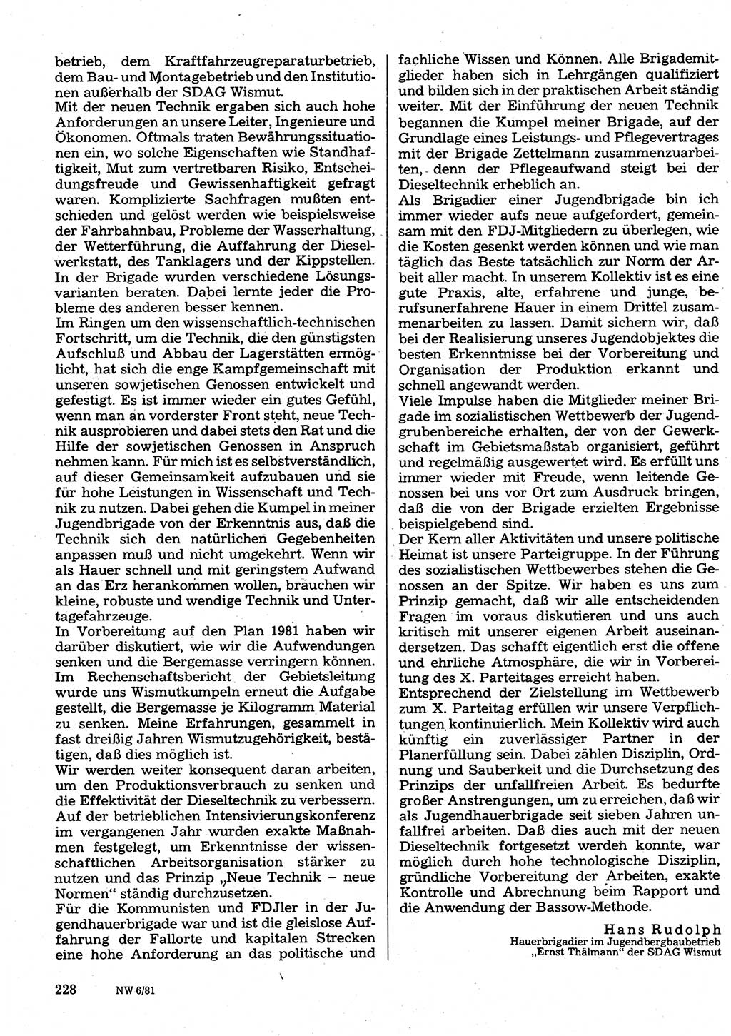 Neuer Weg (NW), Organ des Zentralkomitees (ZK) der SED (Sozialistische Einheitspartei Deutschlands) für Fragen des Parteilebens, 36. Jahrgang [Deutsche Demokratische Republik (DDR)] 1981, Seite 228 (NW ZK SED DDR 1981, S. 228)