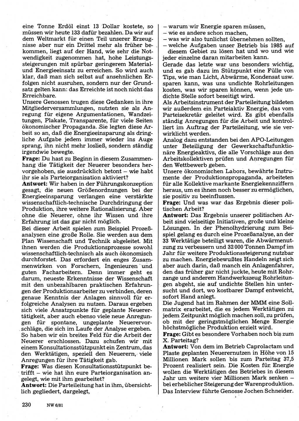 Neuer Weg (NW), Organ des Zentralkomitees (ZK) der SED (Sozialistische Einheitspartei Deutschlands) für Fragen des Parteilebens, 36. Jahrgang [Deutsche Demokratische Republik (DDR)] 1981, Seite 230 (NW ZK SED DDR 1981, S. 230)