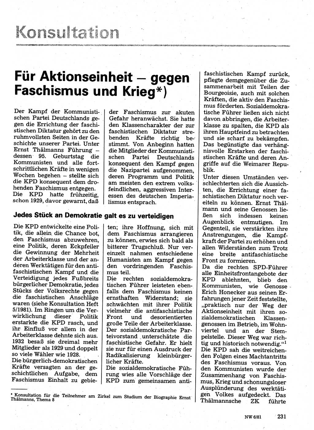 Neuer Weg (NW), Organ des Zentralkomitees (ZK) der SED (Sozialistische Einheitspartei Deutschlands) für Fragen des Parteilebens, 36. Jahrgang [Deutsche Demokratische Republik (DDR)] 1981, Seite 231 (NW ZK SED DDR 1981, S. 231)