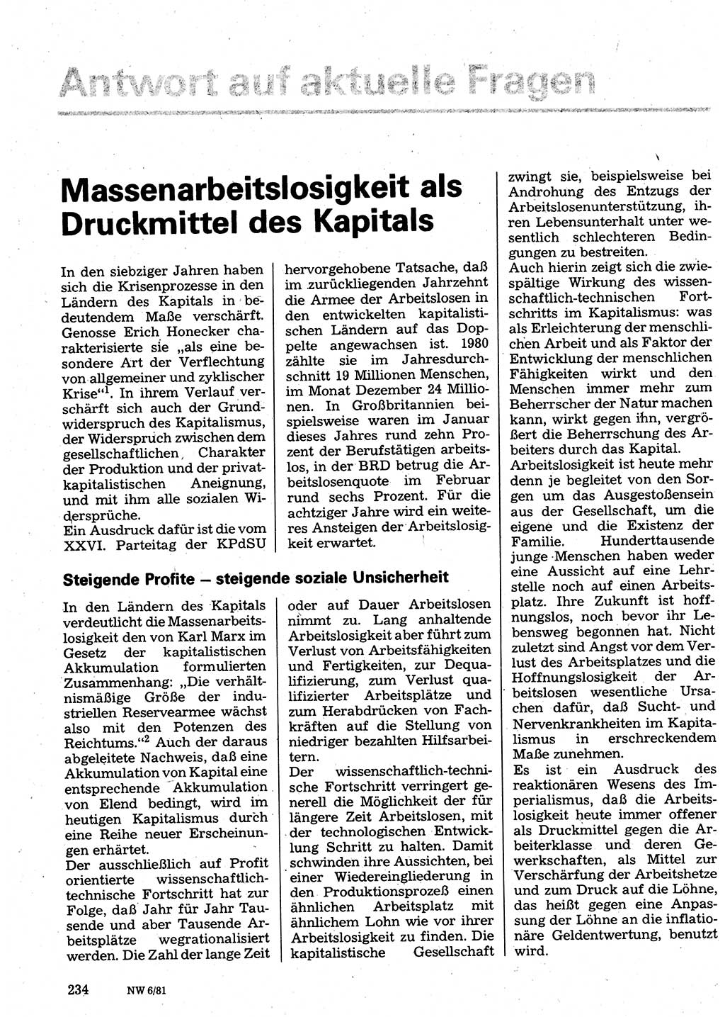 Neuer Weg (NW), Organ des Zentralkomitees (ZK) der SED (Sozialistische Einheitspartei Deutschlands) fÃ¼r Fragen des Parteilebens, 36. Jahrgang [Deutsche Demokratische Republik (DDR)] 1981, Seite 234 (NW ZK SED DDR 1981, S. 234)