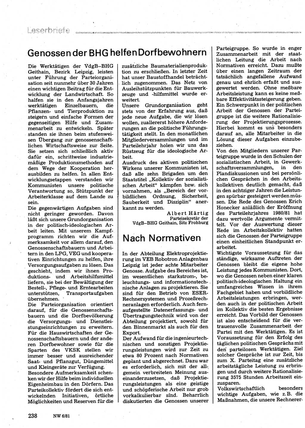 Neuer Weg (NW), Organ des Zentralkomitees (ZK) der SED (Sozialistische Einheitspartei Deutschlands) für Fragen des Parteilebens, 36. Jahrgang [Deutsche Demokratische Republik (DDR)] 1981, Seite 238 (NW ZK SED DDR 1981, S. 238)