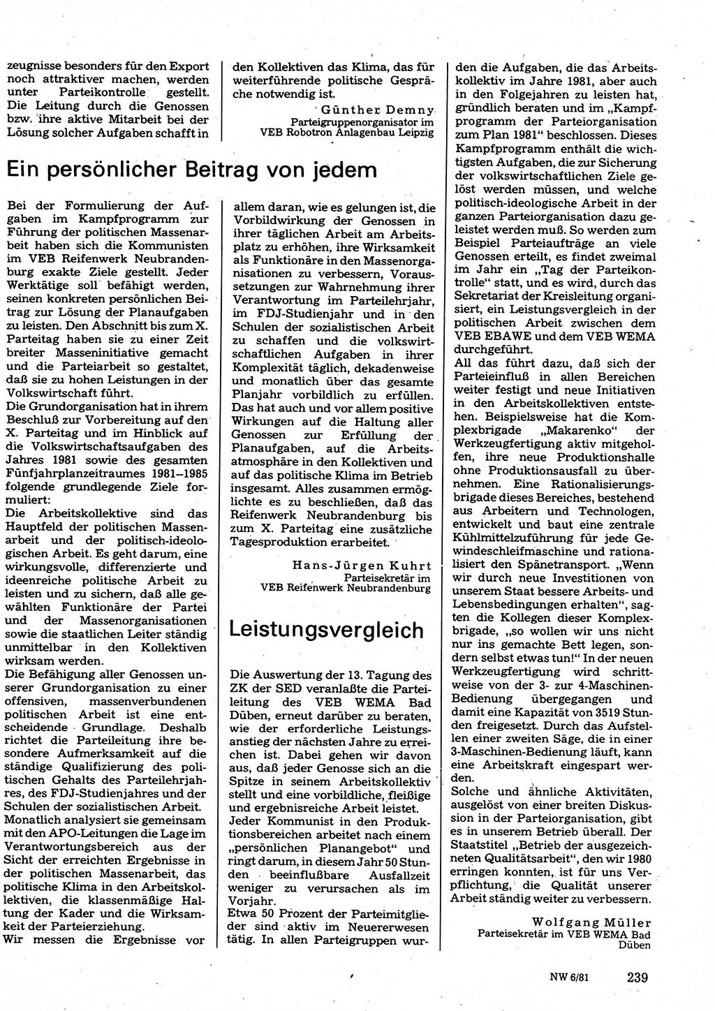 Neuer Weg (NW), Organ des Zentralkomitees (ZK) der SED (Sozialistische Einheitspartei Deutschlands) für Fragen des Parteilebens, 36. Jahrgang [Deutsche Demokratische Republik (DDR)] 1981, Seite 239 (NW ZK SED DDR 1981, S. 239)