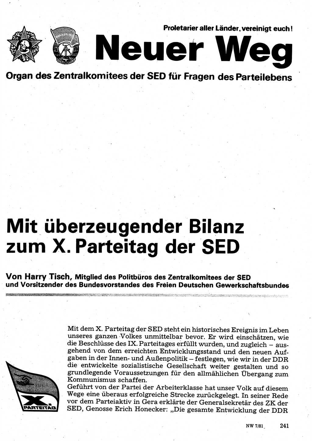 Neuer Weg (NW), Organ des Zentralkomitees (ZK) der SED (Sozialistische Einheitspartei Deutschlands) für Fragen des Parteilebens, 36. Jahrgang [Deutsche Demokratische Republik (DDR)] 1981, Seite 241 (NW ZK SED DDR 1981, S. 241)