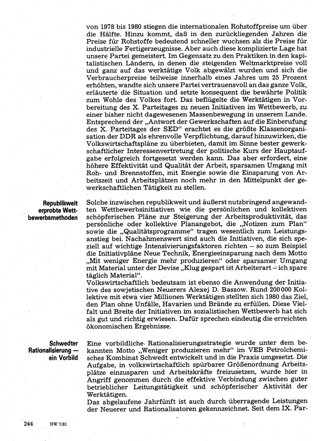 Neuer Weg (NW), Organ des Zentralkomitees (ZK) der SED (Sozialistische Einheitspartei Deutschlands) für Fragen des Parteilebens, 36. Jahrgang [Deutsche Demokratische Republik (DDR)] 1981, Seite 244 (NW ZK SED DDR 1981, S. 244)