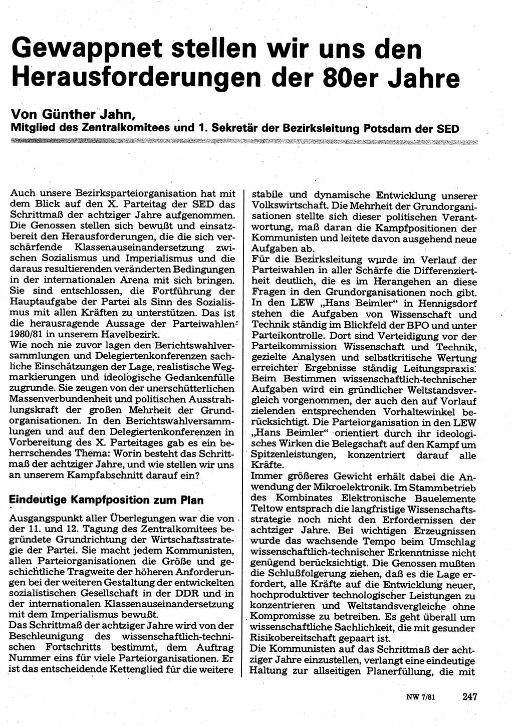 Neuer Weg (NW), Organ des Zentralkomitees (ZK) der SED (Sozialistische Einheitspartei Deutschlands) für Fragen des Parteilebens, 36. Jahrgang [Deutsche Demokratische Republik (DDR)] 1981, Seite 247 (NW ZK SED DDR 1981, S. 247)
