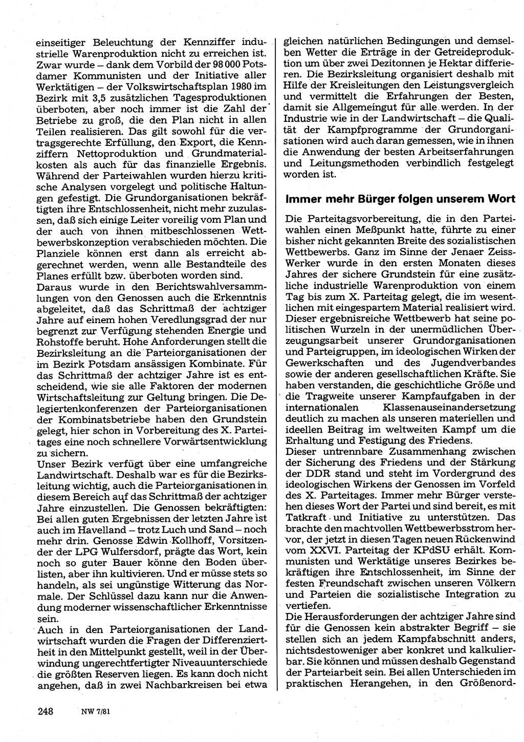 Neuer Weg (NW), Organ des Zentralkomitees (ZK) der SED (Sozialistische Einheitspartei Deutschlands) für Fragen des Parteilebens, 36. Jahrgang [Deutsche Demokratische Republik (DDR)] 1981, Seite 248 (NW ZK SED DDR 1981, S. 248)