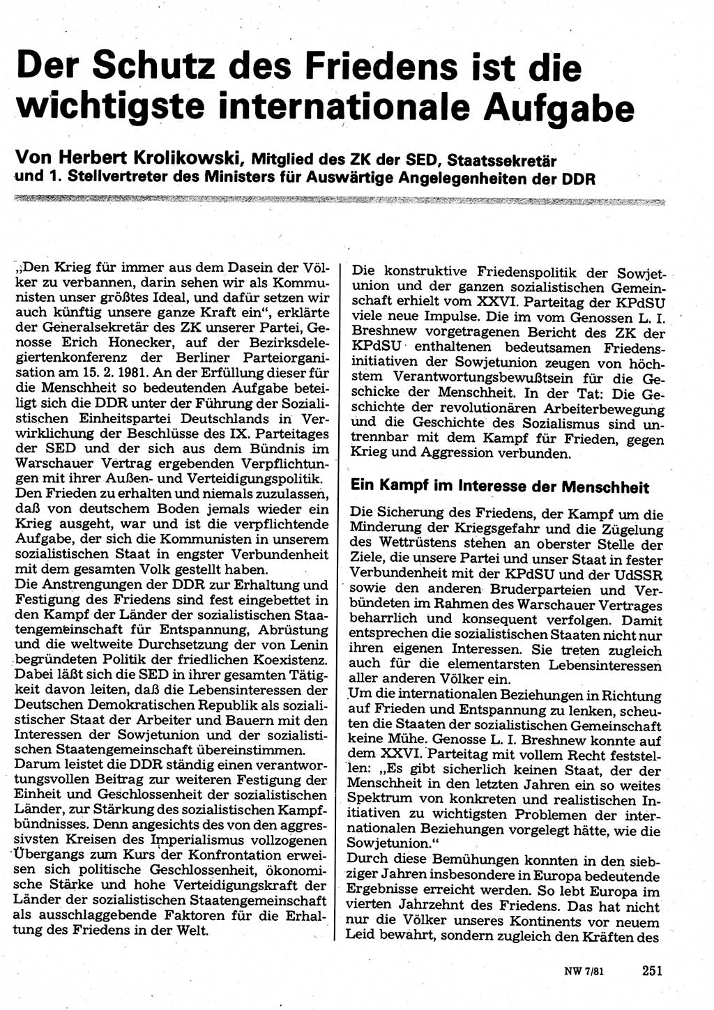 Neuer Weg (NW), Organ des Zentralkomitees (ZK) der SED (Sozialistische Einheitspartei Deutschlands) für Fragen des Parteilebens, 36. Jahrgang [Deutsche Demokratische Republik (DDR)] 1981, Seite 251 (NW ZK SED DDR 1981, S. 251)