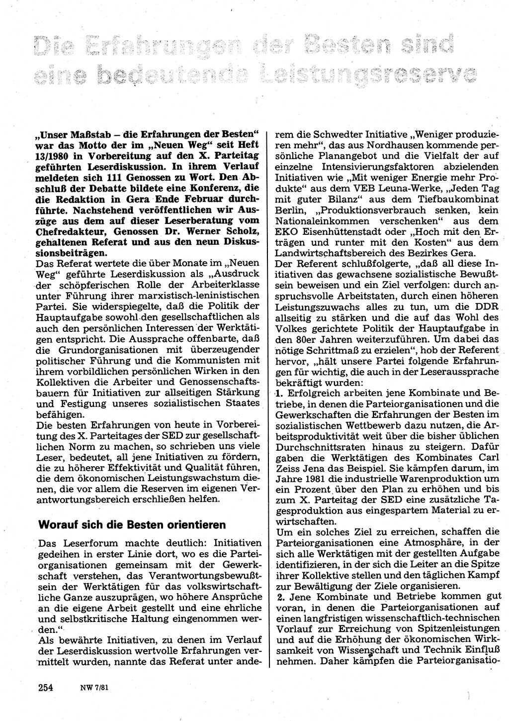 Neuer Weg (NW), Organ des Zentralkomitees (ZK) der SED (Sozialistische Einheitspartei Deutschlands) für Fragen des Parteilebens, 36. Jahrgang [Deutsche Demokratische Republik (DDR)] 1981, Seite 254 (NW ZK SED DDR 1981, S. 254)