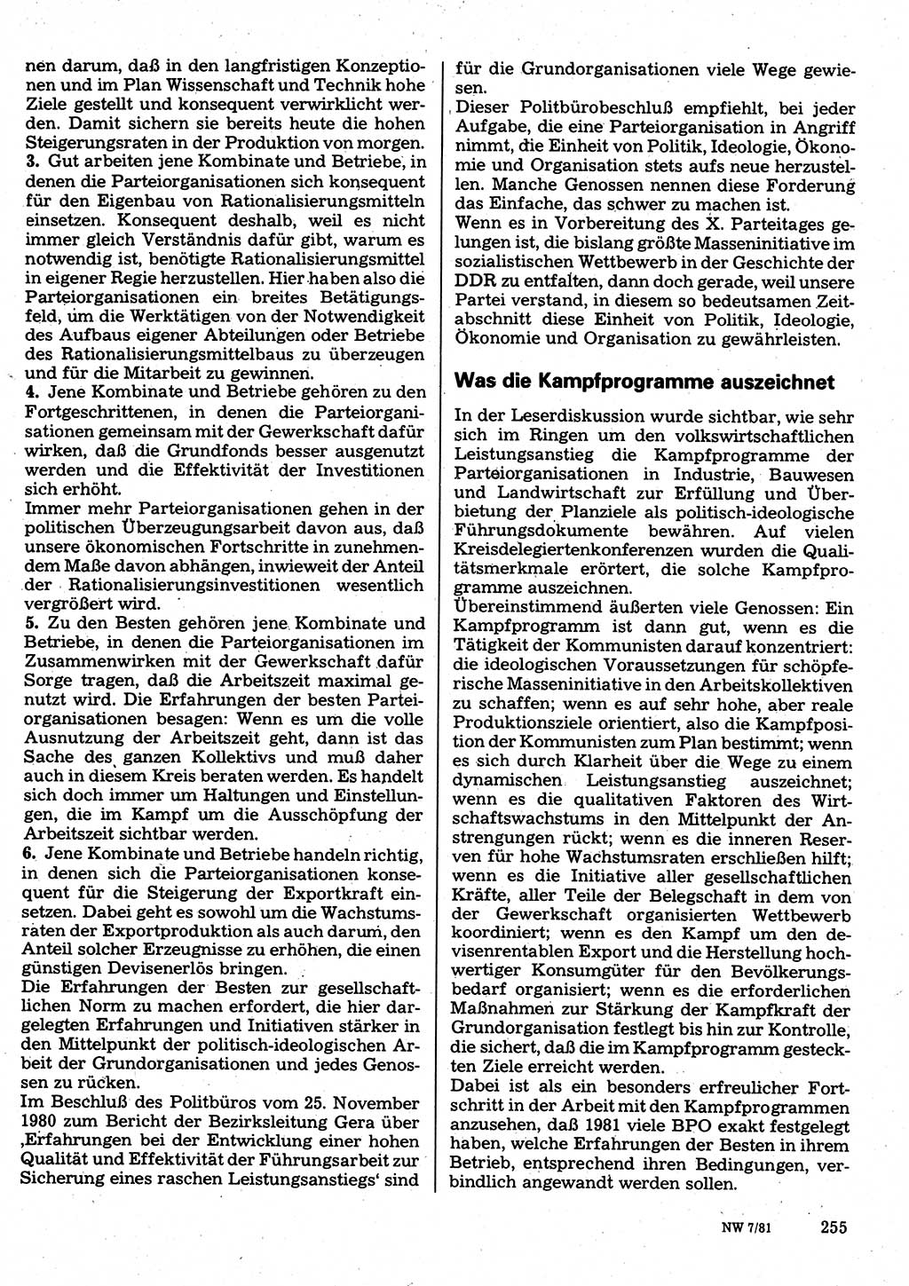 Neuer Weg (NW), Organ des Zentralkomitees (ZK) der SED (Sozialistische Einheitspartei Deutschlands) für Fragen des Parteilebens, 36. Jahrgang [Deutsche Demokratische Republik (DDR)] 1981, Seite 255 (NW ZK SED DDR 1981, S. 255)