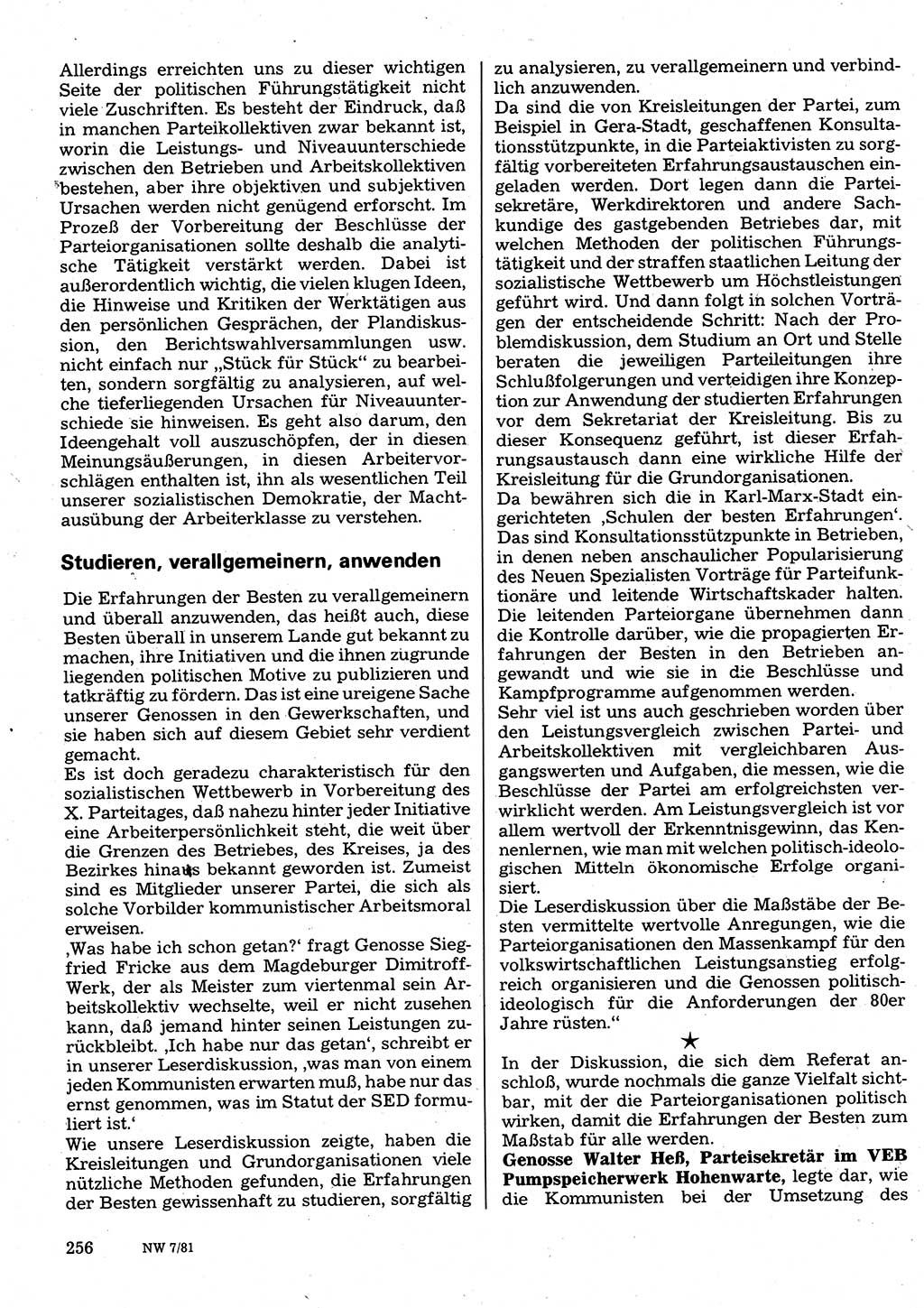 Neuer Weg (NW), Organ des Zentralkomitees (ZK) der SED (Sozialistische Einheitspartei Deutschlands) für Fragen des Parteilebens, 36. Jahrgang [Deutsche Demokratische Republik (DDR)] 1981, Seite 256 (NW ZK SED DDR 1981, S. 256)