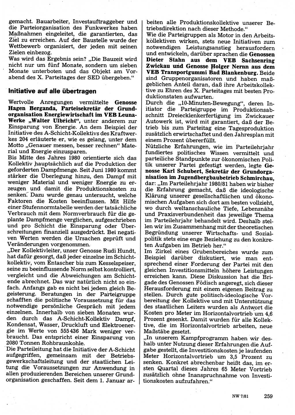 Neuer Weg (NW), Organ des Zentralkomitees (ZK) der SED (Sozialistische Einheitspartei Deutschlands) für Fragen des Parteilebens, 36. Jahrgang [Deutsche Demokratische Republik (DDR)] 1981, Seite 259 (NW ZK SED DDR 1981, S. 259)