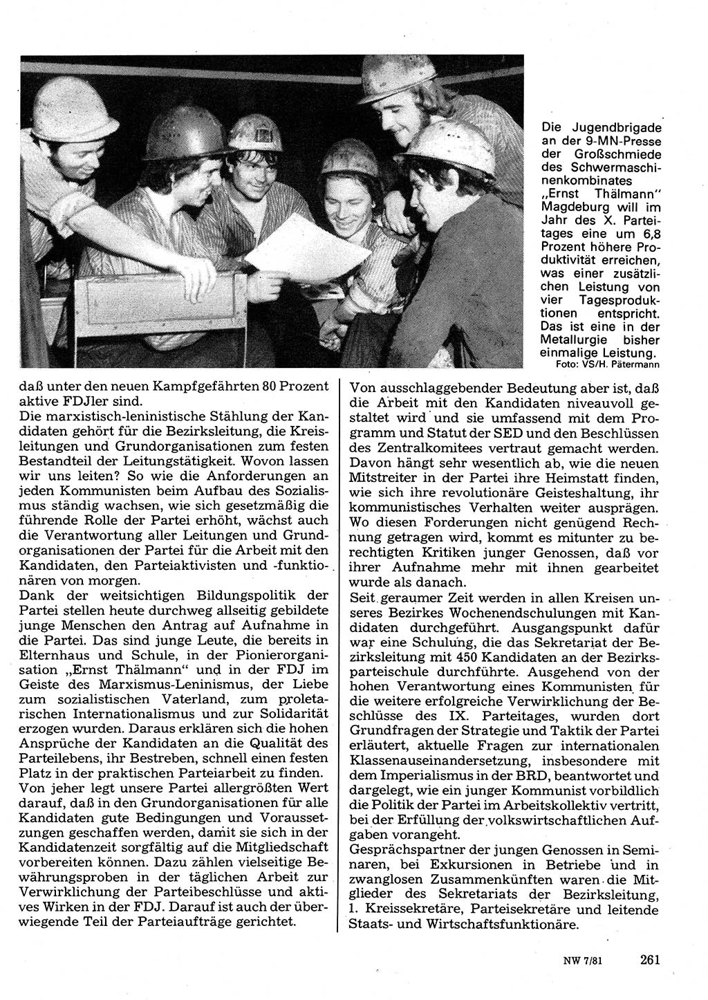 Neuer Weg (NW), Organ des Zentralkomitees (ZK) der SED (Sozialistische Einheitspartei Deutschlands) für Fragen des Parteilebens, 36. Jahrgang [Deutsche Demokratische Republik (DDR)] 1981, Seite 261 (NW ZK SED DDR 1981, S. 261)