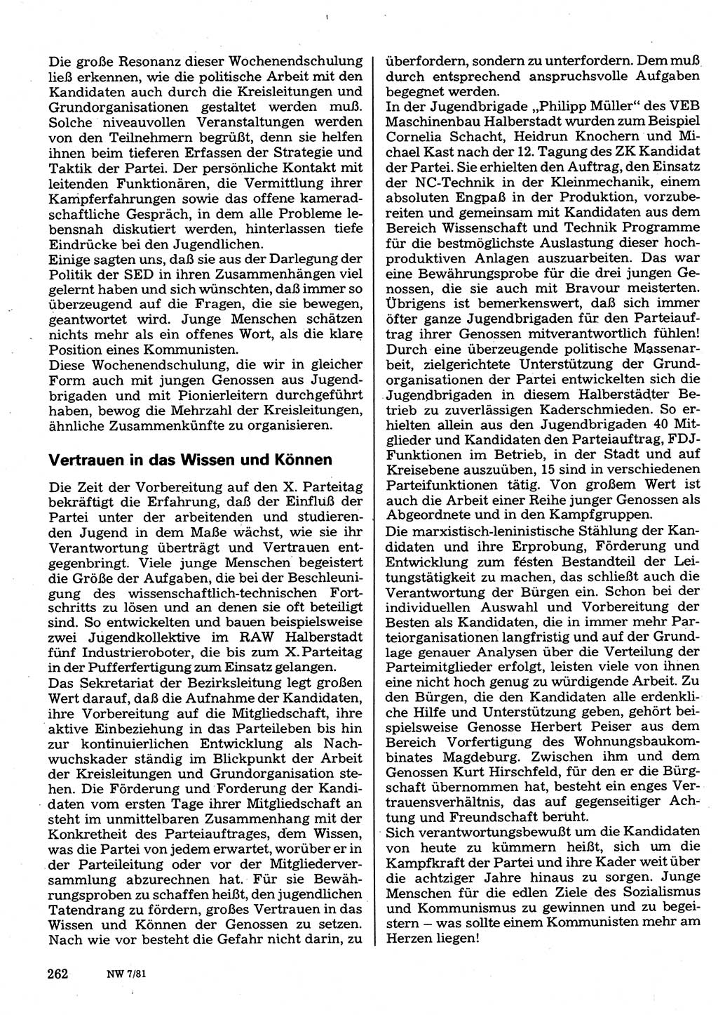 Neuer Weg (NW), Organ des Zentralkomitees (ZK) der SED (Sozialistische Einheitspartei Deutschlands) für Fragen des Parteilebens, 36. Jahrgang [Deutsche Demokratische Republik (DDR)] 1981, Seite 262 (NW ZK SED DDR 1981, S. 262)