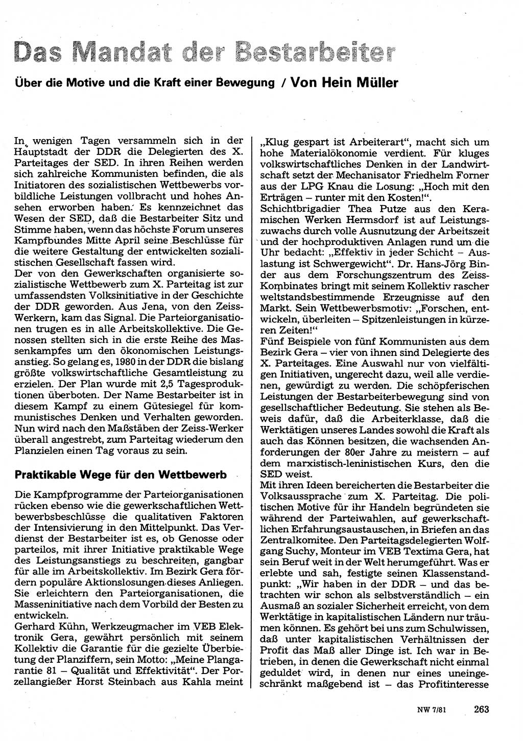 Neuer Weg (NW), Organ des Zentralkomitees (ZK) der SED (Sozialistische Einheitspartei Deutschlands) für Fragen des Parteilebens, 36. Jahrgang [Deutsche Demokratische Republik (DDR)] 1981, Seite 263 (NW ZK SED DDR 1981, S. 263)