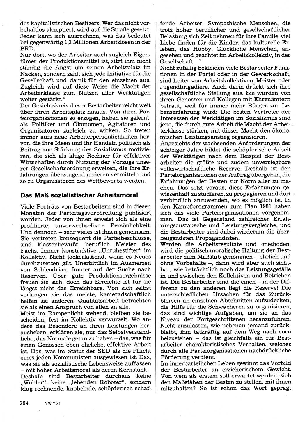 Neuer Weg (NW), Organ des Zentralkomitees (ZK) der SED (Sozialistische Einheitspartei Deutschlands) für Fragen des Parteilebens, 36. Jahrgang [Deutsche Demokratische Republik (DDR)] 1981, Seite 264 (NW ZK SED DDR 1981, S. 264)