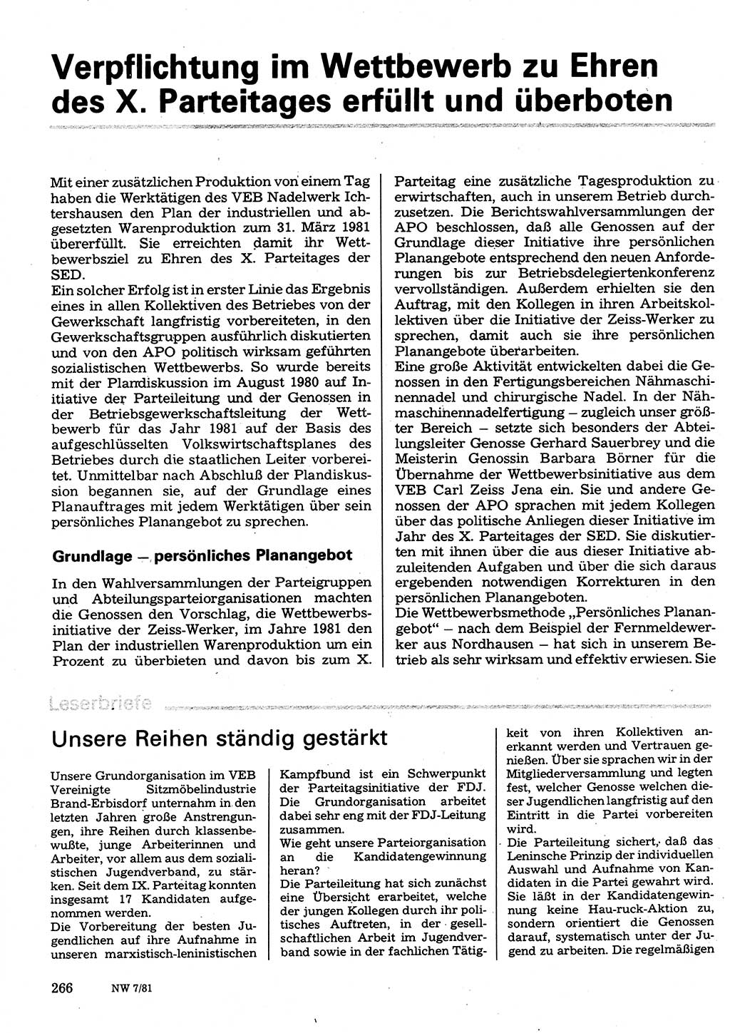 Neuer Weg (NW), Organ des Zentralkomitees (ZK) der SED (Sozialistische Einheitspartei Deutschlands) für Fragen des Parteilebens, 36. Jahrgang [Deutsche Demokratische Republik (DDR)] 1981, Seite 266 (NW ZK SED DDR 1981, S. 266)
