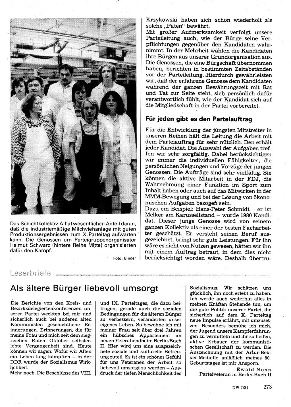 Neuer Weg (NW), Organ des Zentralkomitees (ZK) der SED (Sozialistische Einheitspartei Deutschlands) für Fragen des Parteilebens, 36. Jahrgang [Deutsche Demokratische Republik (DDR)] 1981, Seite 273 (NW ZK SED DDR 1981, S. 273)