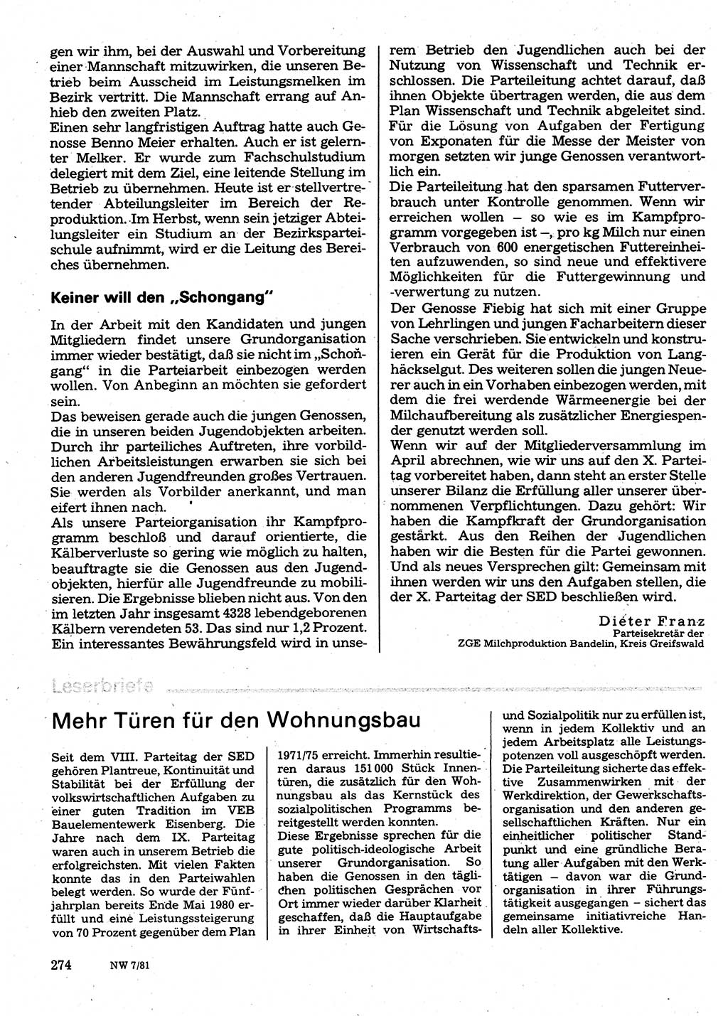 Neuer Weg (NW), Organ des Zentralkomitees (ZK) der SED (Sozialistische Einheitspartei Deutschlands) für Fragen des Parteilebens, 36. Jahrgang [Deutsche Demokratische Republik (DDR)] 1981, Seite 274 (NW ZK SED DDR 1981, S. 274)