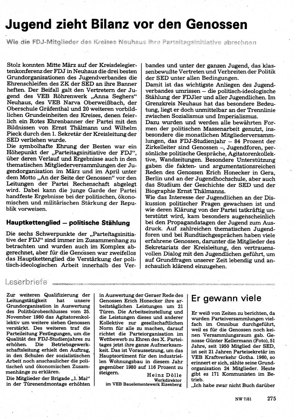 Neuer Weg (NW), Organ des Zentralkomitees (ZK) der SED (Sozialistische Einheitspartei Deutschlands) für Fragen des Parteilebens, 36. Jahrgang [Deutsche Demokratische Republik (DDR)] 1981, Seite 275 (NW ZK SED DDR 1981, S. 275)