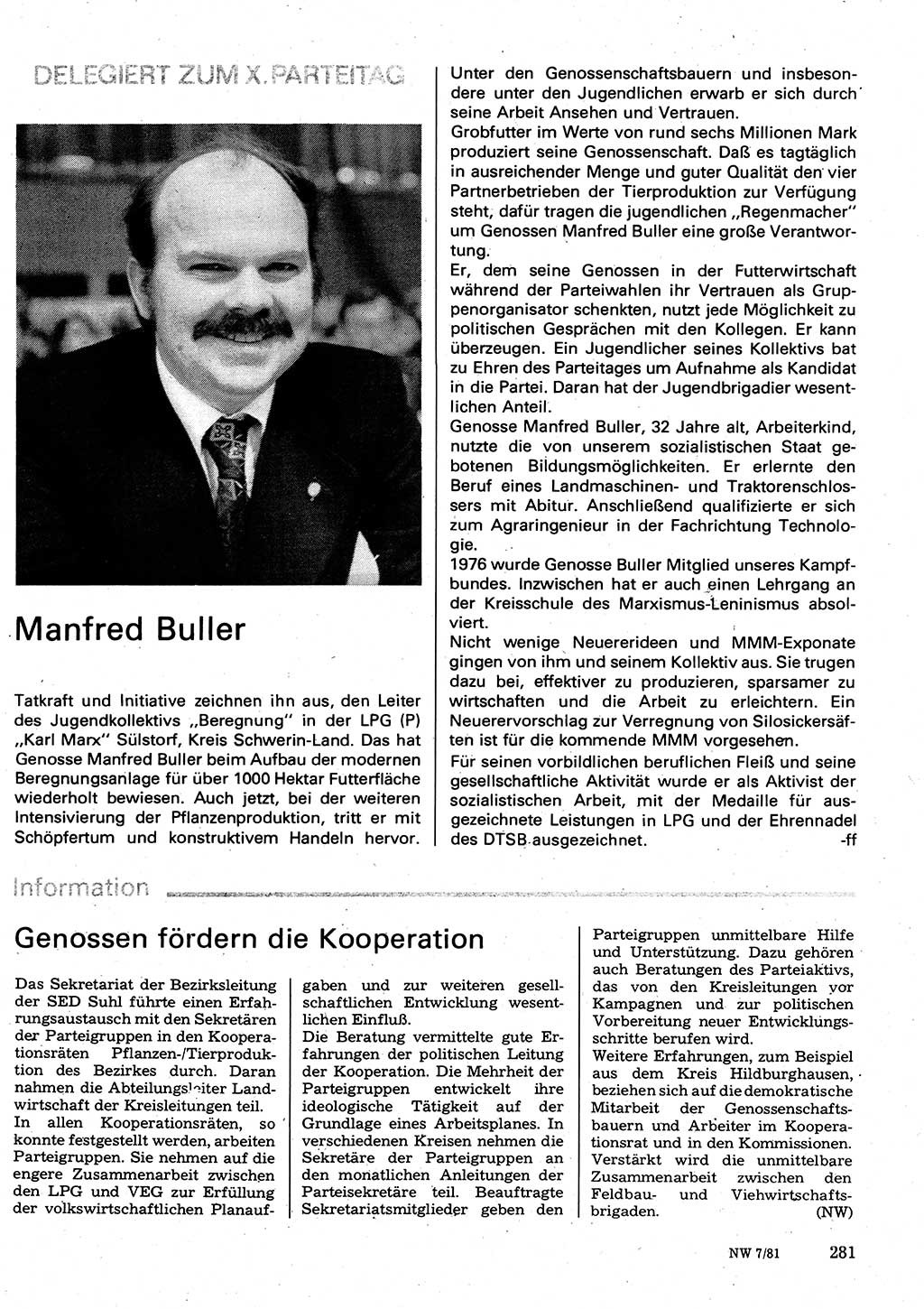 Neuer Weg (NW), Organ des Zentralkomitees (ZK) der SED (Sozialistische Einheitspartei Deutschlands) für Fragen des Parteilebens, 36. Jahrgang [Deutsche Demokratische Republik (DDR)] 1981, Seite 281 (NW ZK SED DDR 1981, S. 281)