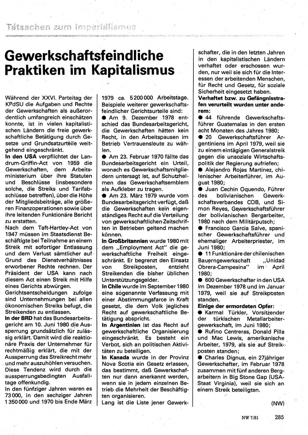 Neuer Weg (NW), Organ des Zentralkomitees (ZK) der SED (Sozialistische Einheitspartei Deutschlands) für Fragen des Parteilebens, 36. Jahrgang [Deutsche Demokratische Republik (DDR)] 1981, Seite 285 (NW ZK SED DDR 1981, S. 285)