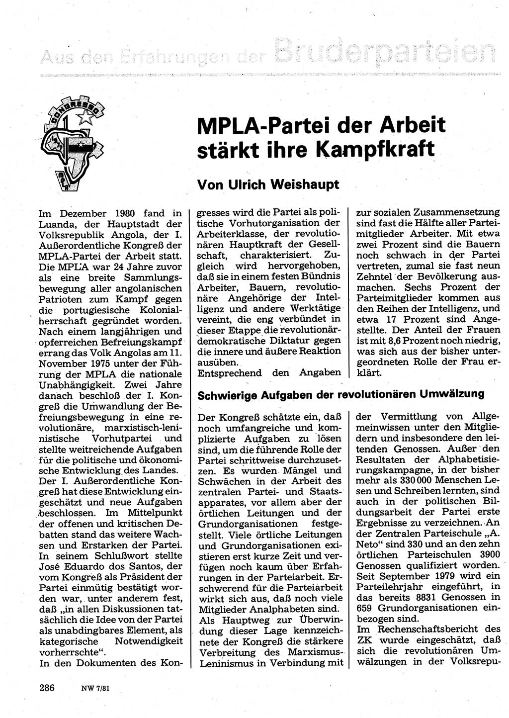 Neuer Weg (NW), Organ des Zentralkomitees (ZK) der SED (Sozialistische Einheitspartei Deutschlands) für Fragen des Parteilebens, 36. Jahrgang [Deutsche Demokratische Republik (DDR)] 1981, Seite 286 (NW ZK SED DDR 1981, S. 286)