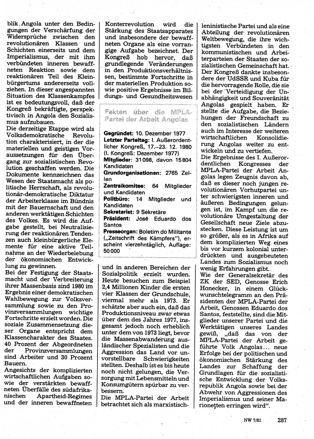 Neuer Weg (NW), Organ des Zentralkomitees (ZK) der SED (Sozialistische Einheitspartei Deutschlands) für Fragen des Parteilebens, 36. Jahrgang [Deutsche Demokratische Republik (DDR)] 1981, Seite 287 (NW ZK SED DDR 1981, S. 287)