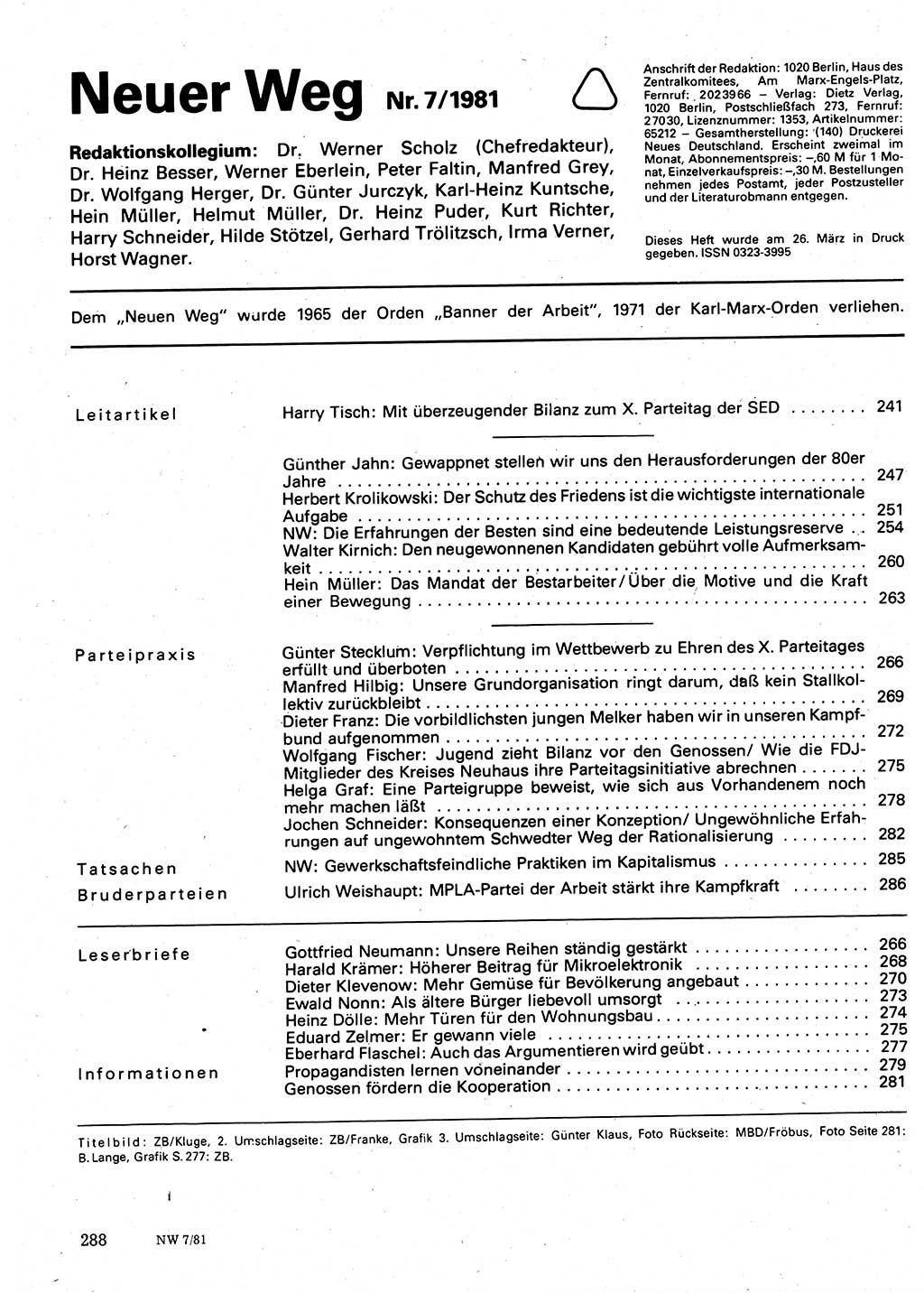 Neuer Weg (NW), Organ des Zentralkomitees (ZK) der SED (Sozialistische Einheitspartei Deutschlands) für Fragen des Parteilebens, 36. Jahrgang [Deutsche Demokratische Republik (DDR)] 1981, Seite 288 (NW ZK SED DDR 1981, S. 288)