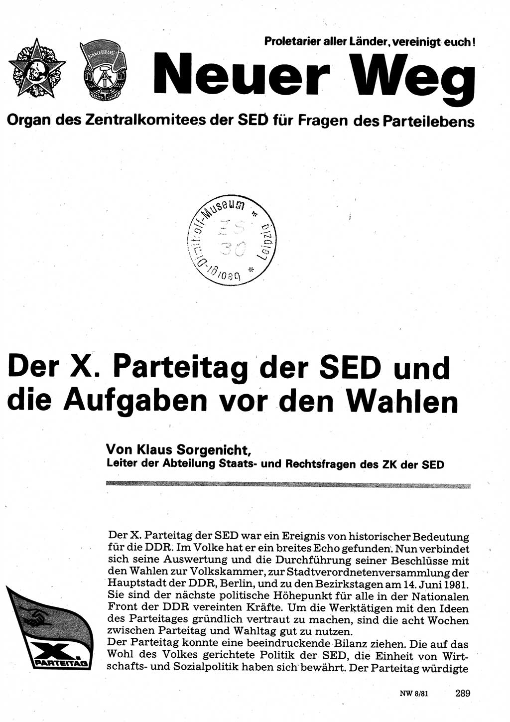 Neuer Weg (NW), Organ des Zentralkomitees (ZK) der SED (Sozialistische Einheitspartei Deutschlands) für Fragen des Parteilebens, 36. Jahrgang [Deutsche Demokratische Republik (DDR)] 1981, Seite 289 (NW ZK SED DDR 1981, S. 289)