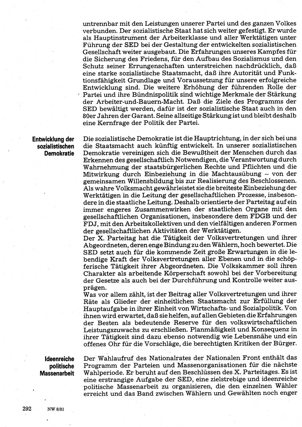 Neuer Weg (NW), Organ des Zentralkomitees (ZK) der SED (Sozialistische Einheitspartei Deutschlands) für Fragen des Parteilebens, 36. Jahrgang [Deutsche Demokratische Republik (DDR)] 1981, Seite 292 (NW ZK SED DDR 1981, S. 292)