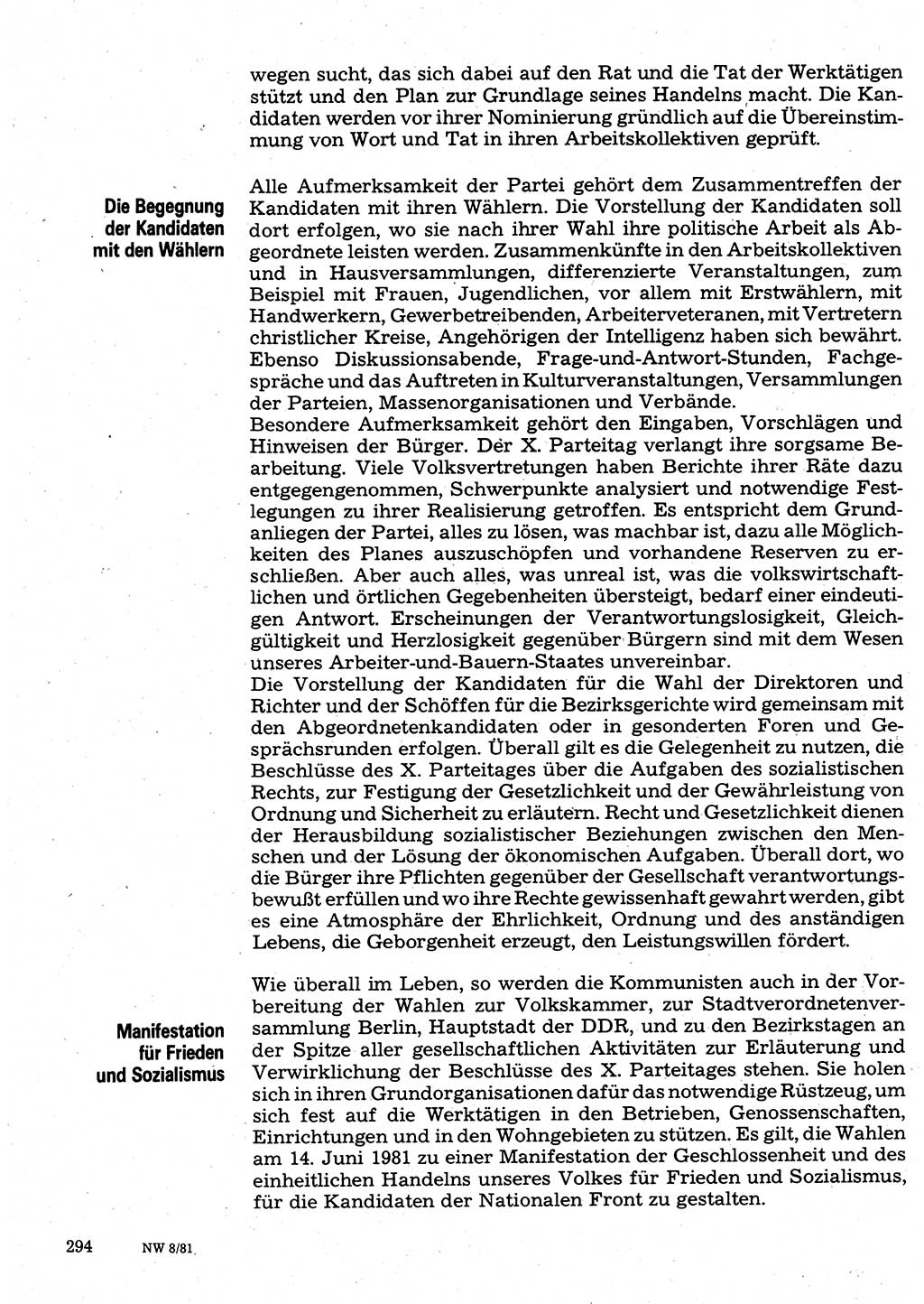 Neuer Weg (NW), Organ des Zentralkomitees (ZK) der SED (Sozialistische Einheitspartei Deutschlands) für Fragen des Parteilebens, 36. Jahrgang [Deutsche Demokratische Republik (DDR)] 1981, Seite 294 (NW ZK SED DDR 1981, S. 294)